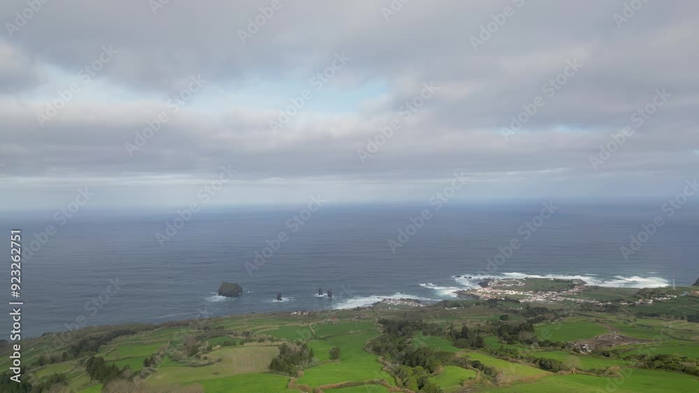 Beautiful sea ocean coastline, green grass land, calm water, aerial drone Beautiful sea ocean coastline, green grass land, calm water, aerial drone