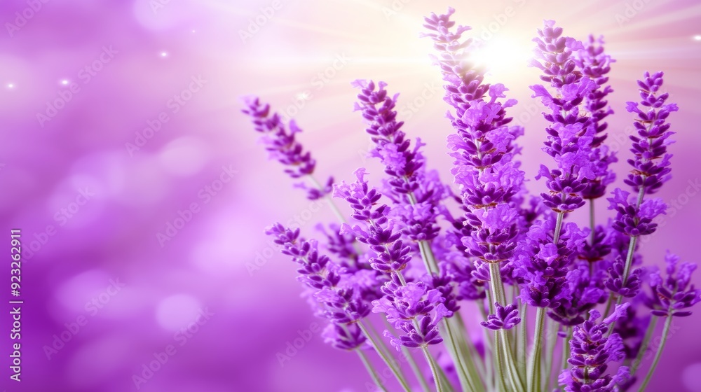 Naklejka premium Purple background with a close up of a bunch of lavender flowers and copy space