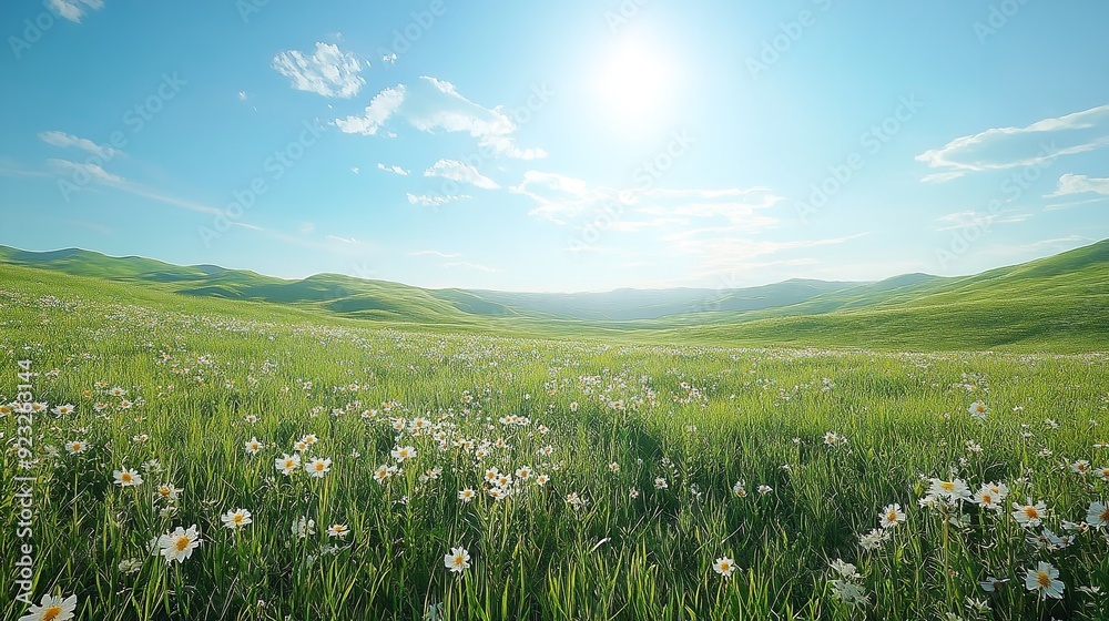 A prairie stretching out under a vast, cloudless sky. Concept of open spaces and natural freedom. Generative Ai. A prairie stretching out under a vast, cloudless sky. Concept of open spaces and natural freedom. Generative Ai.