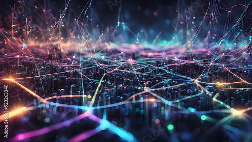 Abstract Digital Network Visualization with Vibrant Colors and Lights