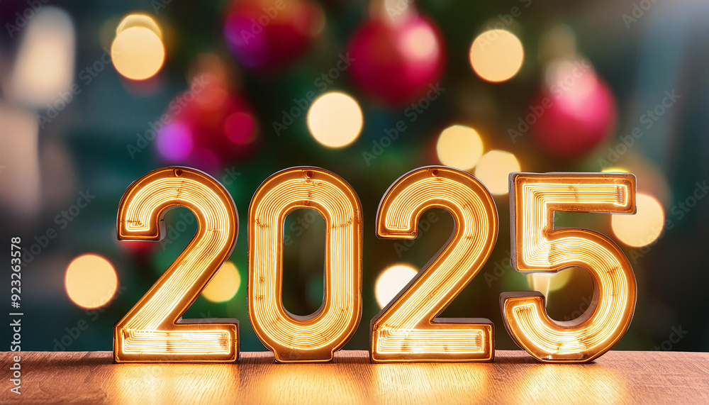 Neon sign showing 2025 with christmas tree lights reflecting on the table Neon sign showing 2025 with christmas tree lights reflecting on the table