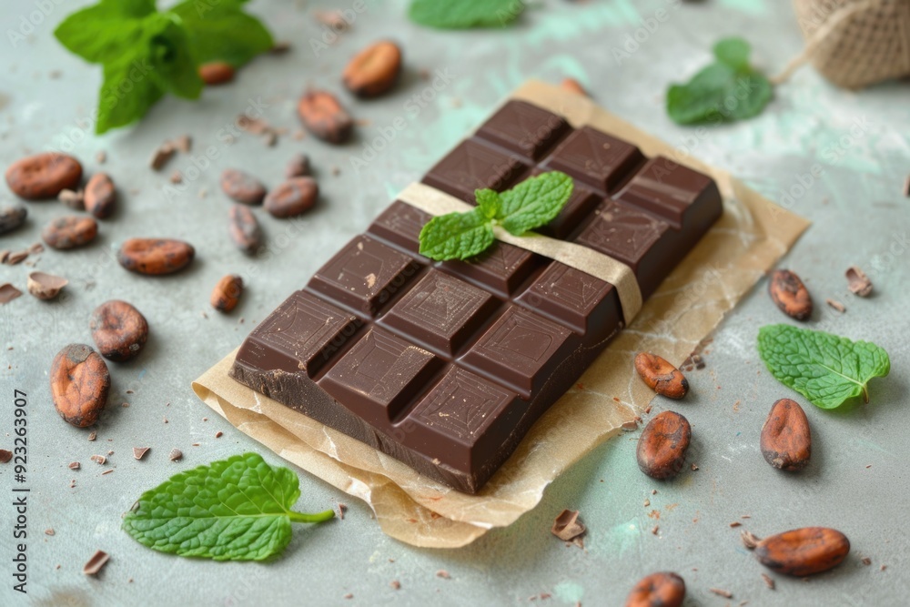 Organic Handmade Dark Chocolate Bar with Mint Leaves and Cocoa Beans - Gourmet Dessert Concept Organic Handmade Dark Chocolate Bar with Mint Leaves and Cocoa Beans - Gourmet Dessert Concept