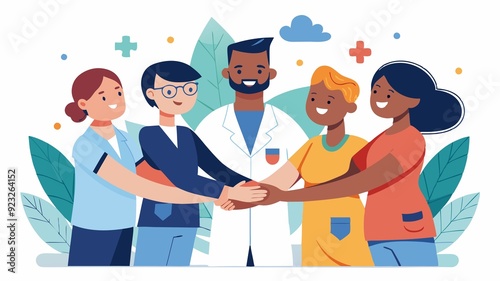 The power of teamwork in medicine. A multiethnic medical team stacks hands, signifying their unified front against illness and their commitment to patient well-being through shared knowledge