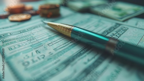 Close-up of a pen on financial paperwork, surrounded by cash and coins, symbolizing budgeting and financial planning.