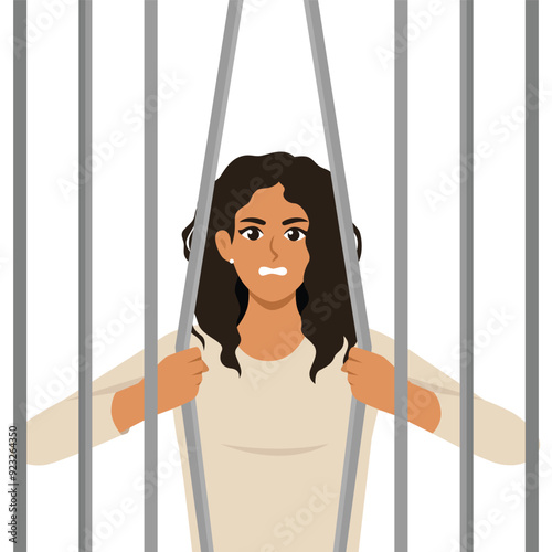 Young angry woman prisoner breaks bars wanting to be released from captivity. Flat vector illustration isolated on white background