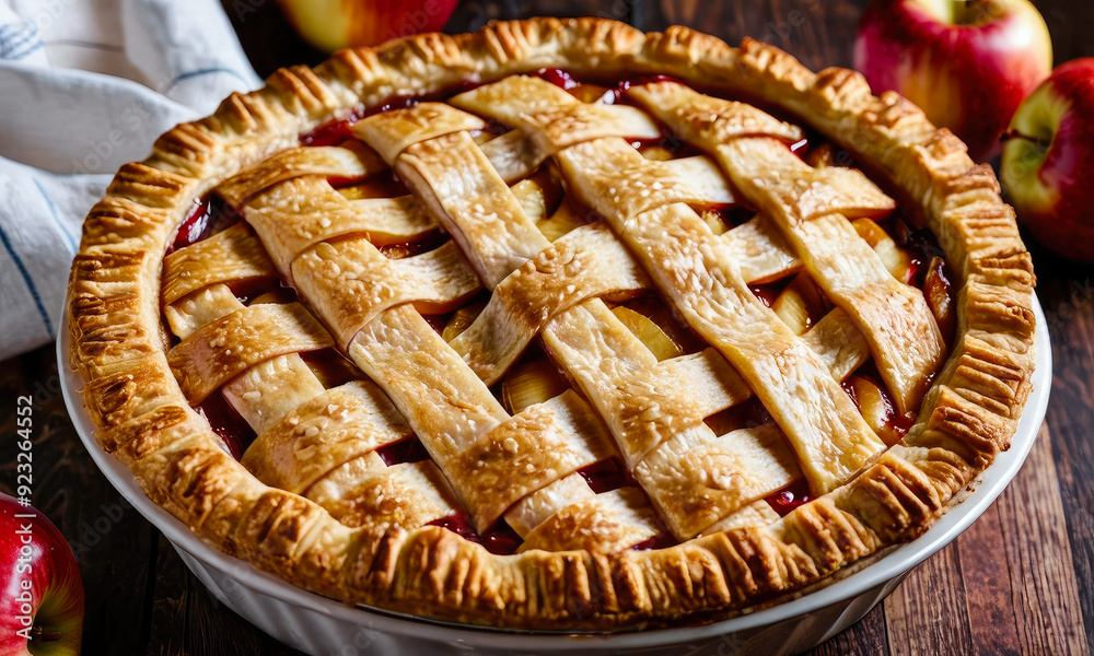Golden brown lattice top apple pie with flaky crust, displaying delicious apple filling inside, ideal for a warm and comforting dessert experience at home. Golden brown lattice top apple pie with flaky crust, displaying delicious apple filling inside, ideal for a warm and comforting dessert experience at home.