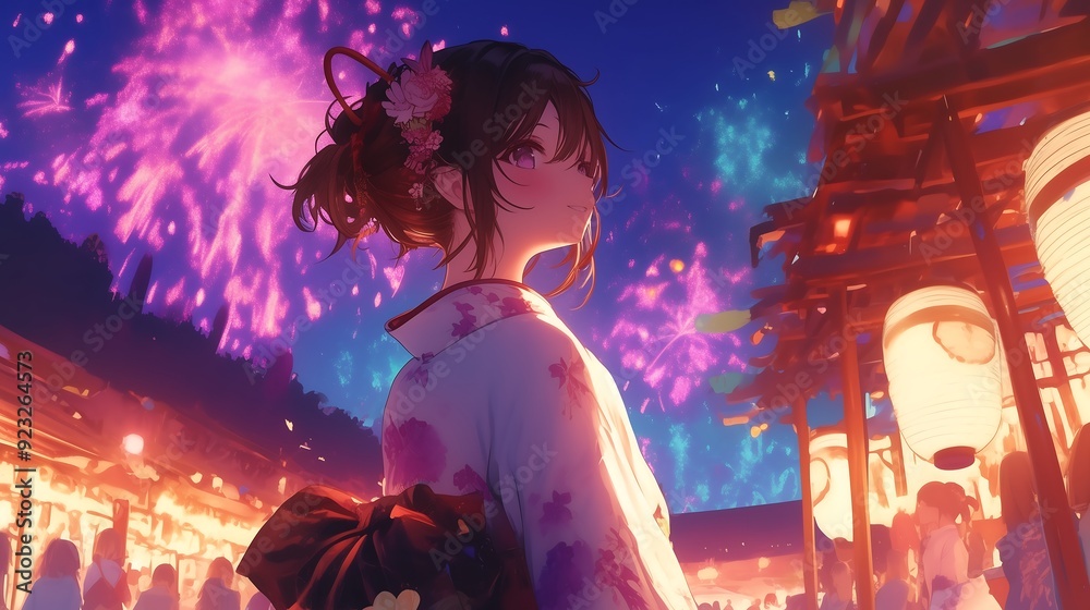 anime girl with kimono at fireworks festival anime girl with kimono at fireworks festival