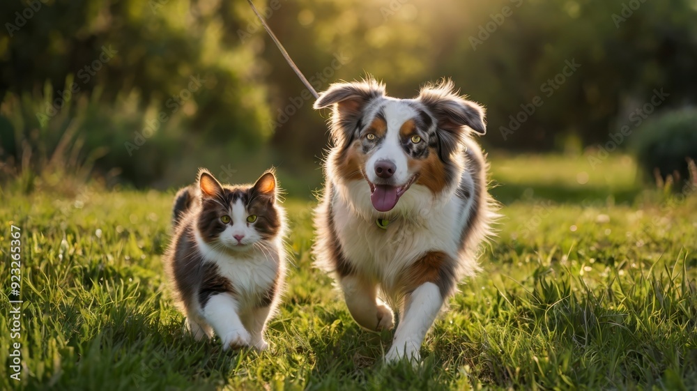 Australian Shepherd and cat walking in sunlight on green field Australian Shepherd and cat walking in sunlight on green field