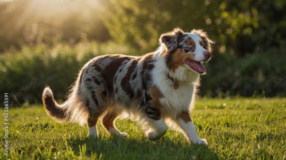 Australian Shepherd and cat walking in sunlight on green field Australian Shepherd and cat walking in sunlight on green field