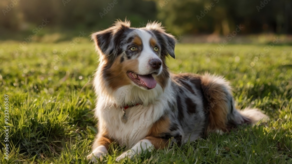 Australian Shepherd with cat on green field in natural sunlight Australian Shepherd with cat on green field in natural sunlight