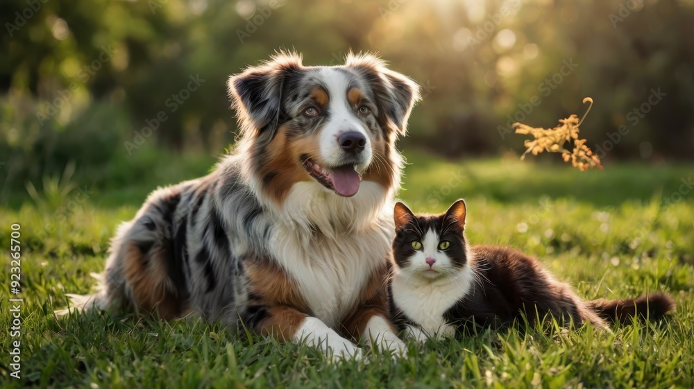 Australian Shepherd with cat on green field in natural sunlight