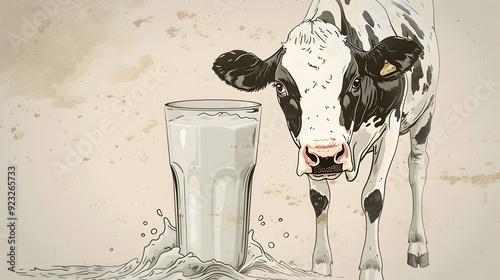 Cow looking at a glass of milk.