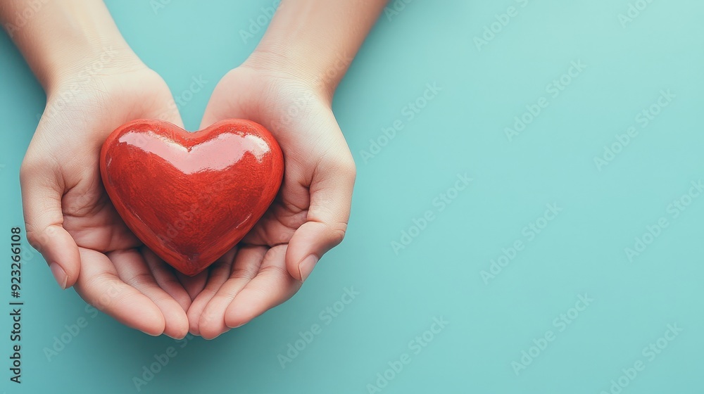 Fototapeta premium Hands Cradling Red Heart Symbol of Love and Care