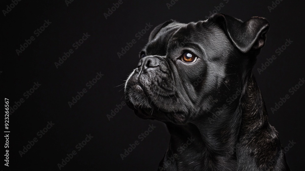 bulldog dog close-up portrait isolated on black dark dramatic background, isolated