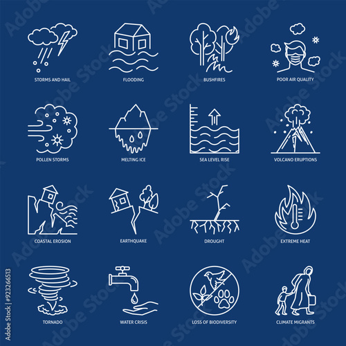 Climate change consequences line icon set