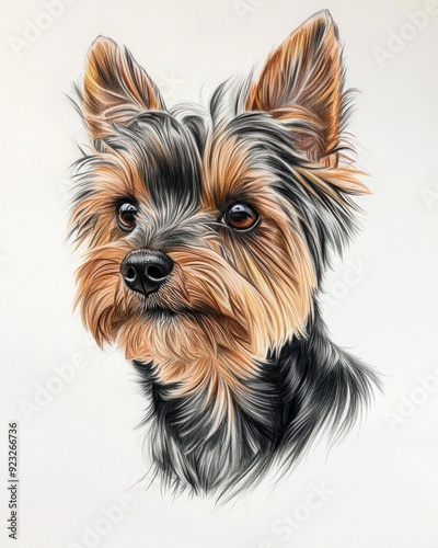 Close-up of yorkshire terrier with silky fur, looking attentively, pencil drawing