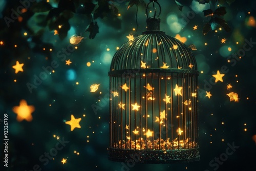 Surrealistic image of a birdcage filled with glowing stars instead of birds, high resolution, detailed textures, crisp focus photo