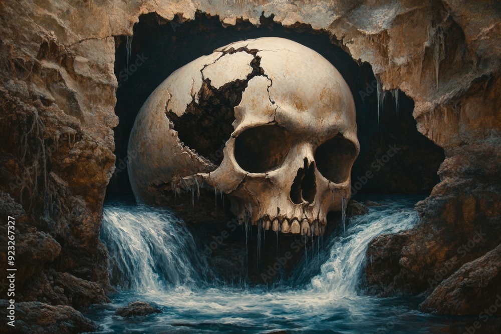 Surrealistic painting of a river flowing through a cracked human skull, high resolution, detailed textures, crisp focus Surrealistic painting of a river flowing through a cracked human skull, high resolution, detailed textures, crisp focus
