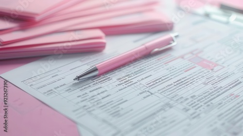 A close-up of pink stationery items, featuring forms and a pen, perfect for office and organizational themes.