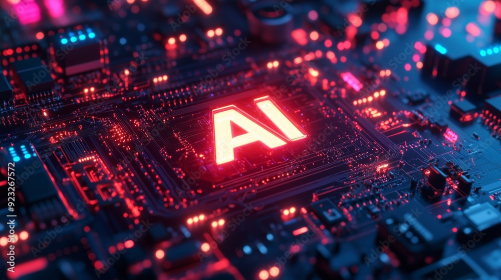 Close-Up of Circuit Board with Neon Blue AI Logo and Intricate Circuitry Close-Up of Circuit Board with Neon Blue AI Logo and Intricate Circuitry