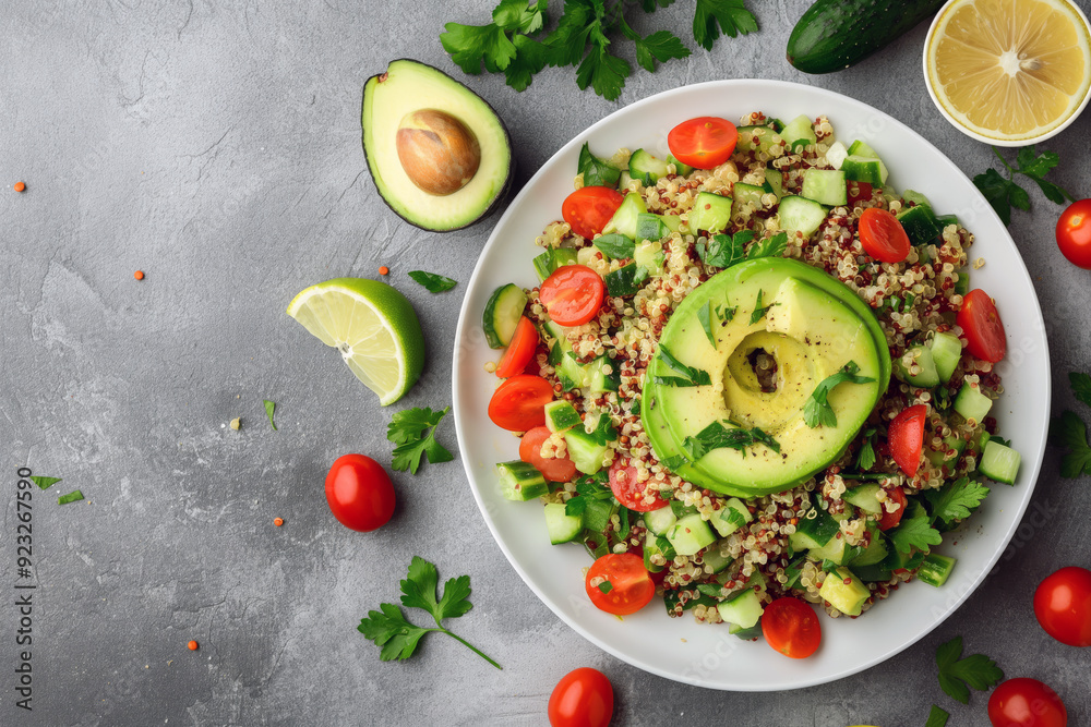 A quinoa salad with vegetables and herbs served on a white plate, with avocado, lemon, cherry tomatoes, and cucumber pieces on the table. A quinoa salad with vegetables and herbs served on a white plate, with avocado, lemon, cherry tomatoes, and cucumber pieces on the table.