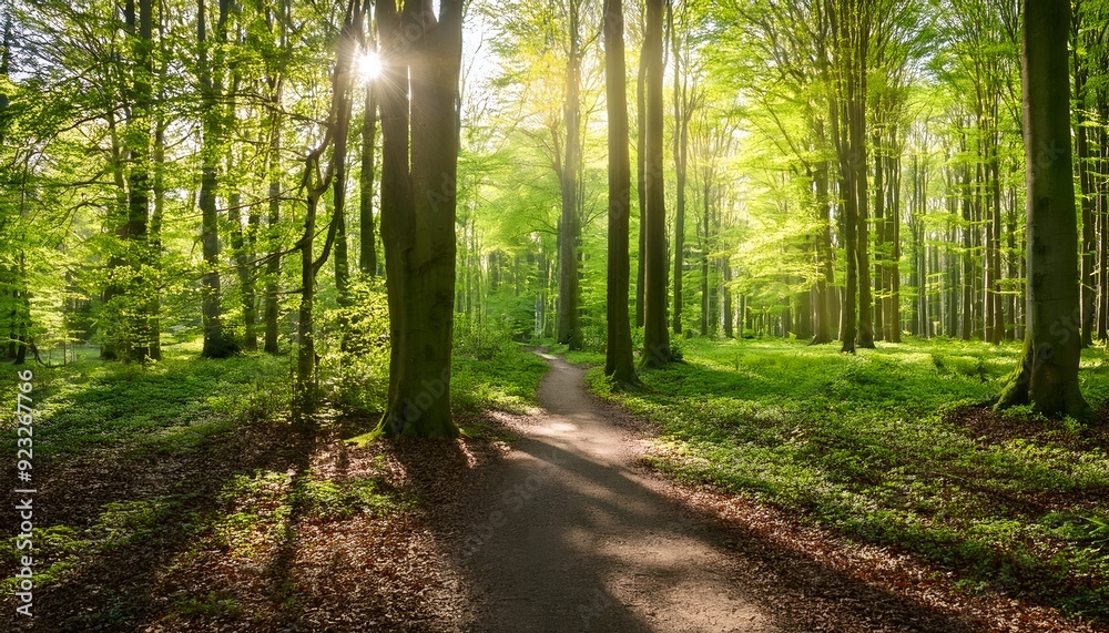 Obraz premium footpath in the green forest with sunset.