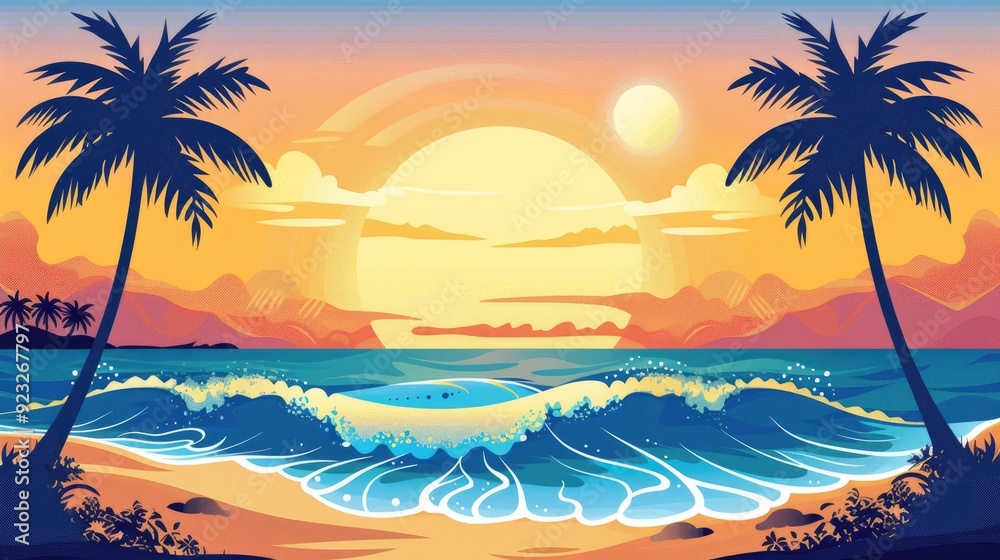 Illustrate a vector graphic of a beach scene with a gradient sunset ...