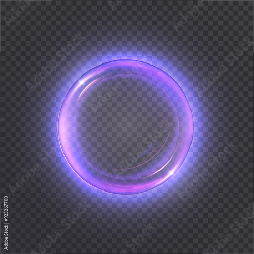 Glowing purple circle on transparent background. Glowing ring with bright backlight. Round purple glow frame with bright shine. Luxury element for advertising. Vector