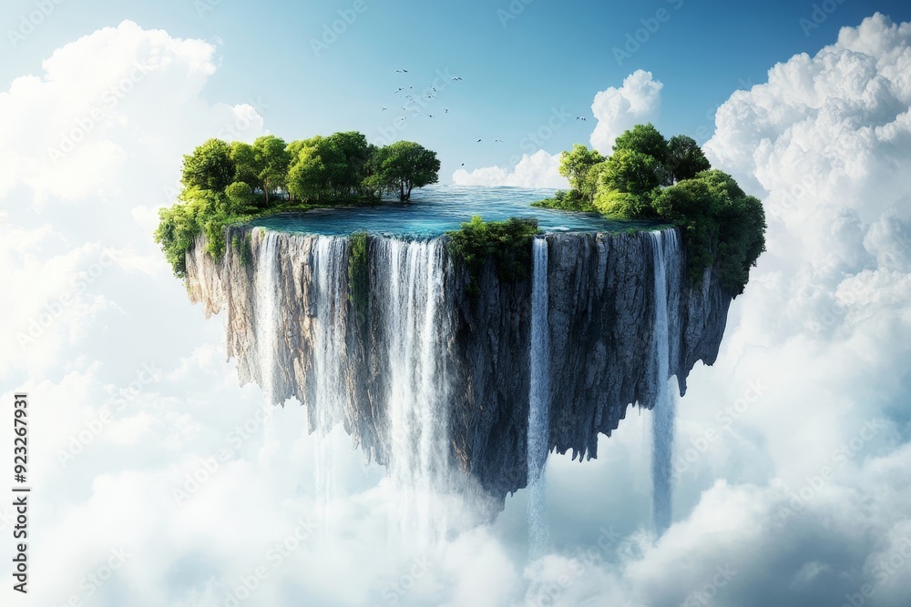 Surrealistic image of a floating island with waterfalls cascading into ...