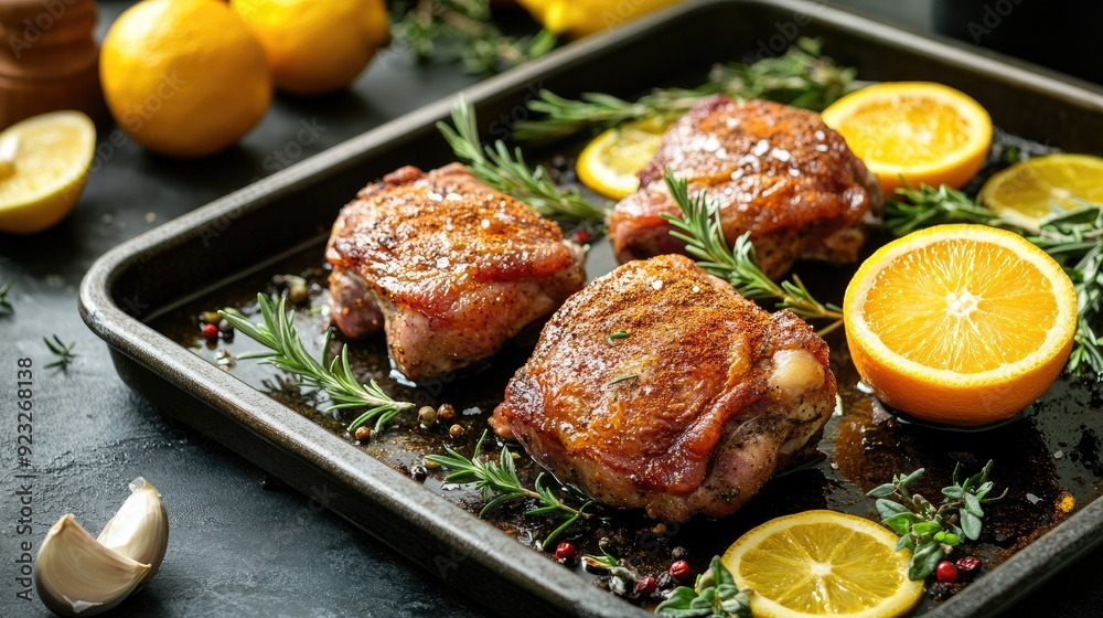 Roasted chicken thighs on a baking sheet. This image showcases the delicious, crispy texture of the chicken and the enticing aroma of citrus.