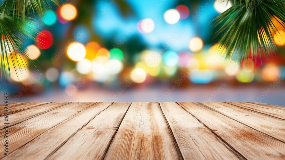 Background template of wooden table with a view of a beach and palm trees with night party lights Background template of wooden table with a view of a beach and palm trees with night party lights