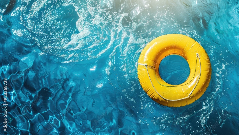 An inflatable ring drifts on the surface of a pool of clear water under the sunny sky An inflatable ring drifts on the surface of a pool of clear water under the sunny sky