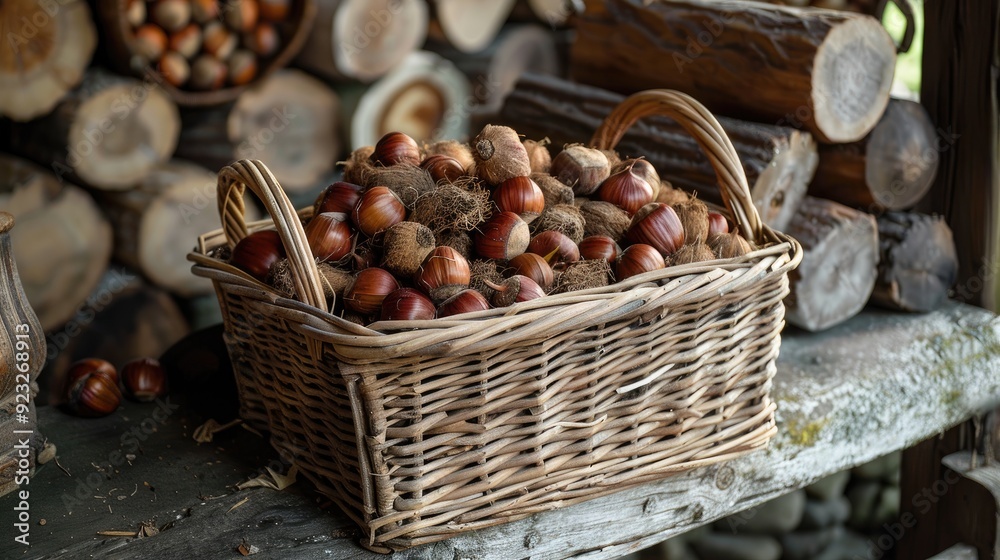 A rustic basket filled with fresh hazelnuts, set against a background of wooden logs, showcasing nature's bounty. A rustic basket filled with fresh hazelnuts, set against a background of wooden logs, showcasing nature's bounty.