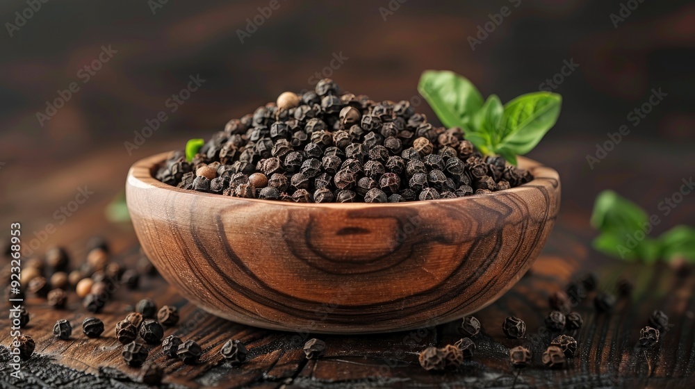 A rustic wooden bowl filled with fresh black peppercorns, surrounded by scattered spices and green basil leaves.