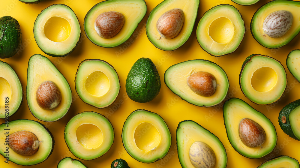 Cool Aerial view of many halved avocados on a yellow background Cool Aerial view of many halved avocados on a yellow background