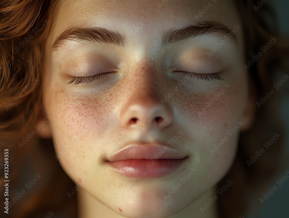 Closeup of a woman s face with a serene expression in child s pose, disciplined relaxation Closeup of a woman s face with a serene expression in child s pose, disciplined relaxation