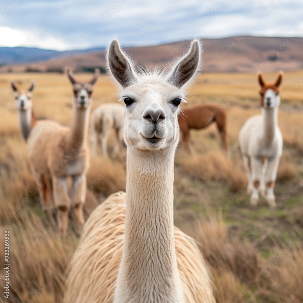 Fototapeta premium A group of llamas are standing in a field.