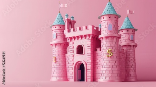 A whimsical pink castle with turrets and flags, perfect for children's themes or playful designs. photo