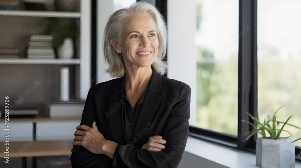 A confident and smiling senior businesswoman in her modern home office, standing with arms crossed against the window of an elegant living room. A confident and smiling senior businesswoman in her modern home office, standing with arms crossed against the window of an elegant living room.