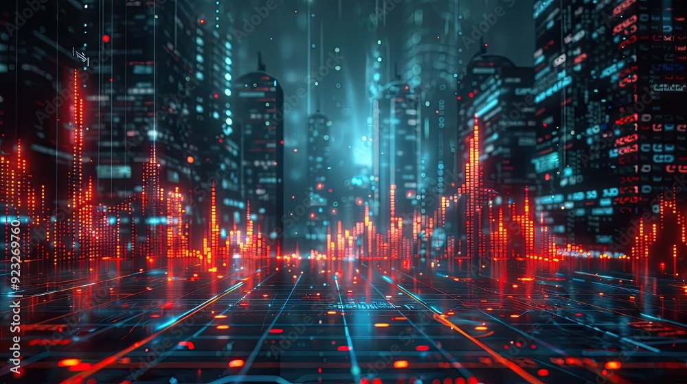 Fototapeta premium Futuristic cityscape with glowing skyscrapers, vibrant colors, and digital elements, representing advanced technology.