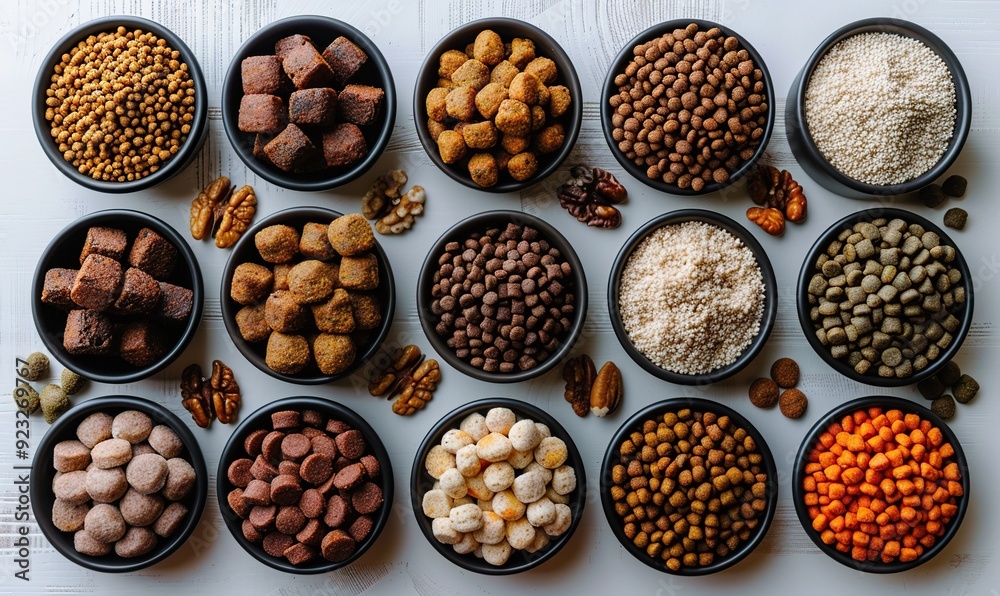 different pet supplies,toys bowl of dry food on white background pet care training grooming concept. different pet supplies,toys bowl of dry food on white background pet care training grooming concept.