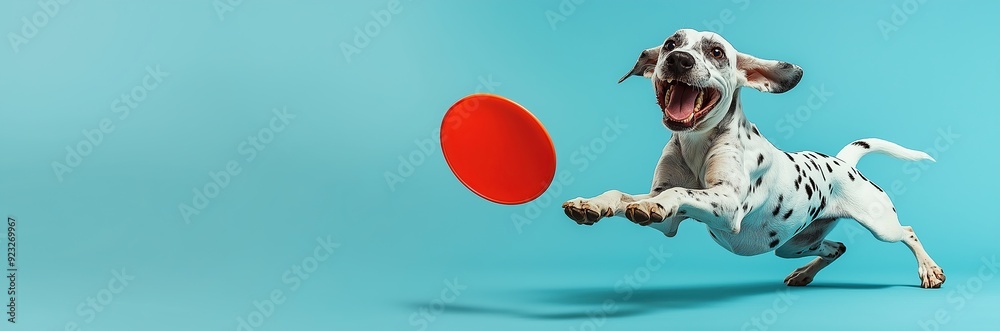 happy Dalmatian spot dog playing frisbee, trying to catch frisbee, adorable Dalmatian dog, isolated on blue background with copy space area happy Dalmatian spot dog playing frisbee, trying to catch frisbee, adorable Dalmatian dog, isolated on blue background with copy space area