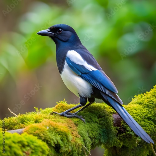 a black billed magpie resting on a moss covered