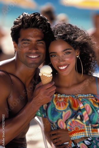 Smiling Black woman and Hispanic man sharing ice cream at the beach. photo