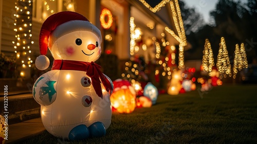 Illuminated snowman in a neighborhood during winter holidays