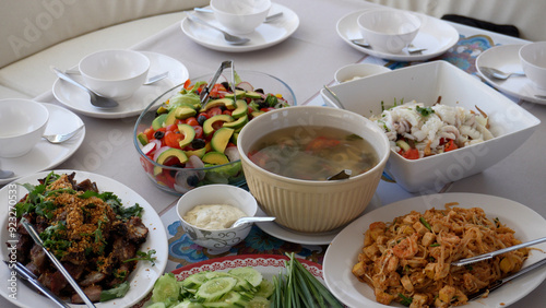 Lunch on the yacht table, lunch for yacht travelers is set on the table