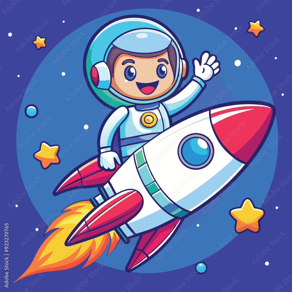 Naklejka premium Cute Astronaut Riding Rocket In Space With Waving Hand Cartoon Vector Icon Illustration