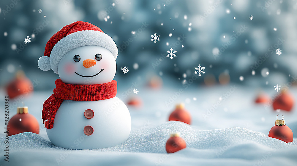 Festive Christmas scene with a snowman wearing a money bucket hat, snowflakes gently falling around, 3D cartoon style, vector illustration. Festive Christmas scene with a snowman wearing a money bucket hat, snowflakes gently falling around, 3D cartoon style, vector illustration.