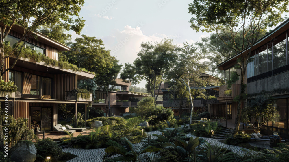 Architectural residential complex with eco-houses and a well-maintained area. Modern construction of residential areas with a lot of greenery. Concept of design, construction. Architectural residential complex with eco-houses and a well-maintained area. Modern construction of residential areas with a lot of greenery. Concept of design, construction.