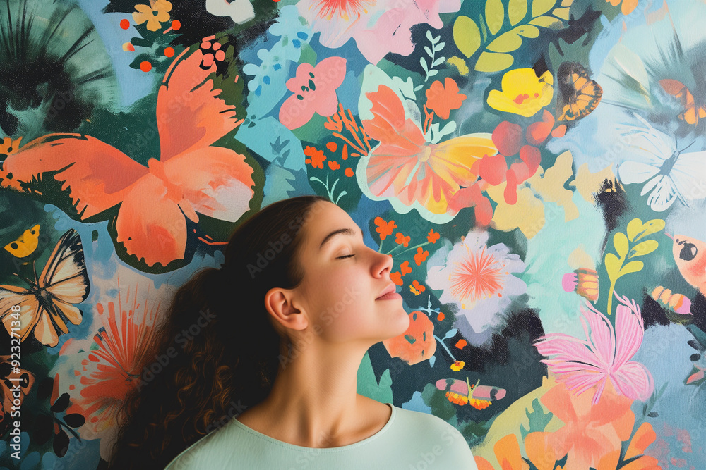 Young woman with closed eyes dreaming in front of floral wall art with butterflies as mental health and wellbeing concept Young woman with closed eyes dreaming in front of floral wall art with butterflies as mental health and wellbeing concept